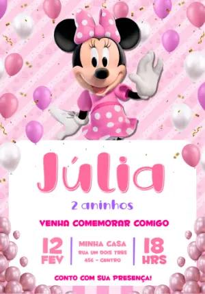 Convite de Aniversário Minnie Rosa com Balões para Editar