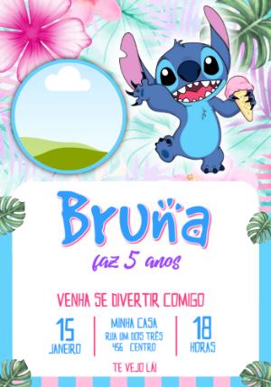 Convite de Aniversário Stitch Tropical com Flores Editável