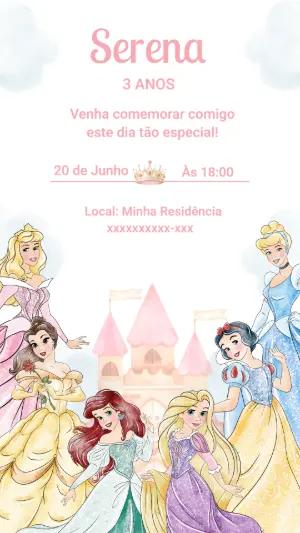 Convite de Aniversário Princesas Disney Aquarela para Editar