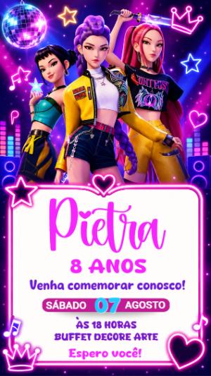 Convite de Aniversário Guerreiras K-pop Editável para Meninas
