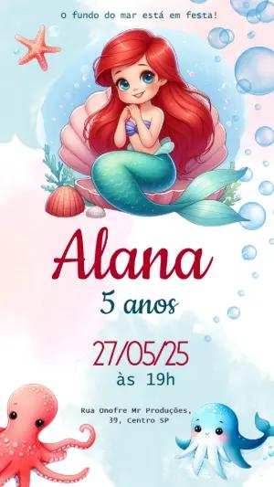Convite Aniversário Pequena Sereia Ariel para Editar Online