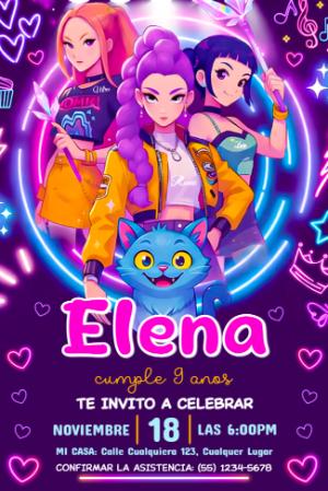 Invitación de Cumpleaños Las Guerreras K-Pop para Editar