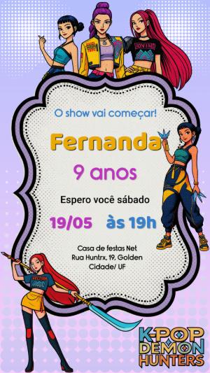 Convite de Aniversário K-pop Guerreiras Pop Art Editável