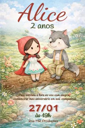 Convite de Aniversário Chapeuzinho Vermelho Aquarela Editável