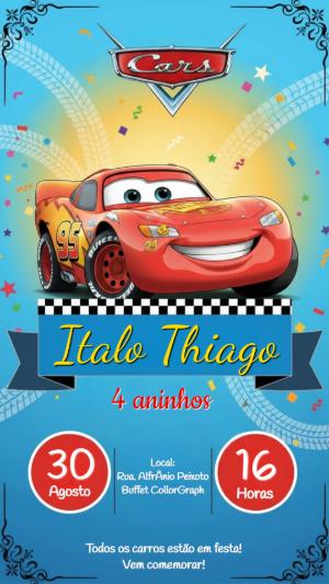 Convite de Aniversário Carros Disney para Editar Online