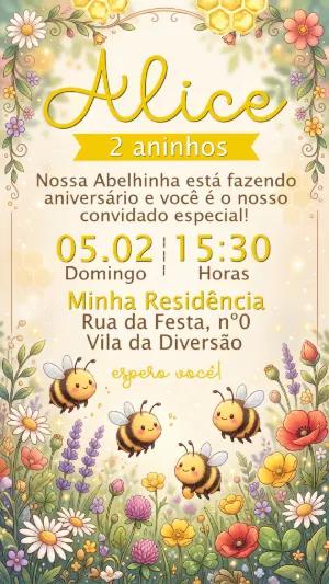 Convite de Aniversário Abelhinha no Jardim Floral Editável