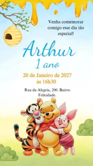 Convite de Aniversário Ursinho Pooh Aquarela Editável