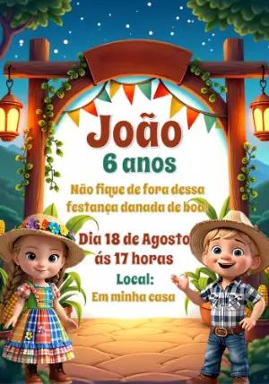 Convite Aniversário Festa Junina com Personagens para Editar