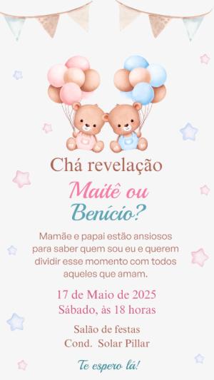 Convite Chá Revelação Ursinhos Aquarela para Editar Online