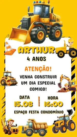 Convite Aniversário Construção Trator Editável para Menino