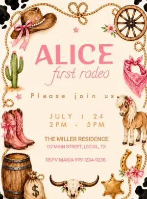 First Rodeo Girl's Birthday Invitation Editable Template