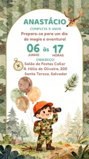 Convite de Aniversário Explorador Camuflado para Editar