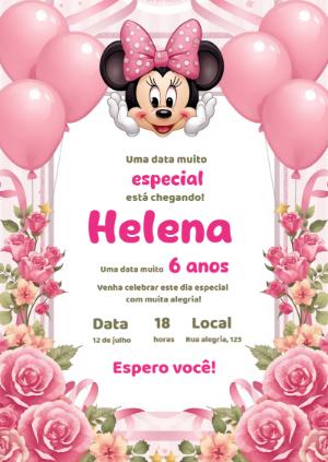 Convite Minnie Rosa Floral Editável para Aniversário Infantil