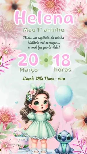 Convite de Aniversário Menina e Stitch Floral Editável