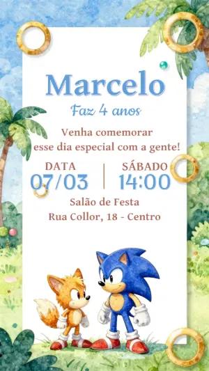 Convite de Aniversário Sonic Aquarela para Editar Online