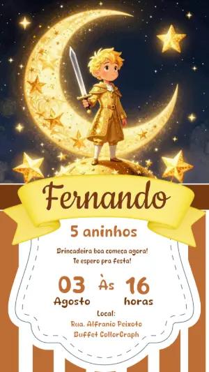 Convite Aniversário Pequeno Príncipe na Lua Dourada Editável