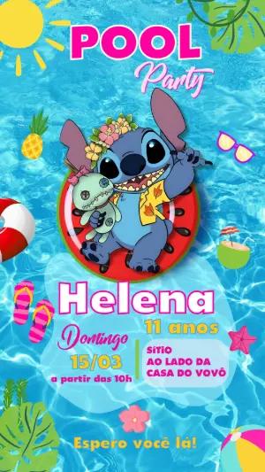 Convite de Aniversário Stitch Pool Party para Editar