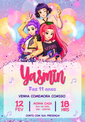Convite Aniversário Meninas Guerreiras do K-Pop Colorido Editável