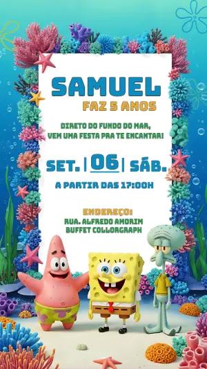 Convite de Aniversário Bob Esponja com Personagens para Editar