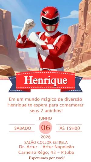 Convite de Aniversário Power Ranger Vermelho Digital para Editar