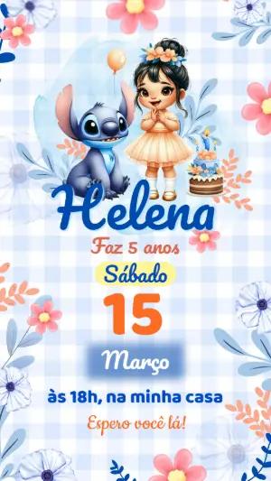 Convite de Aniversário Stitch Fofo Aquarela para Editar