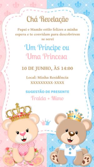 Convite Chá Revelação Ursinhos Realeza para Editar Online