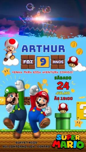 Convite Animado Aniversário Super Mario para Editar Online