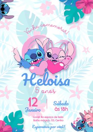 Convite de Aniversário Stitch e Angel Tropical para Editar