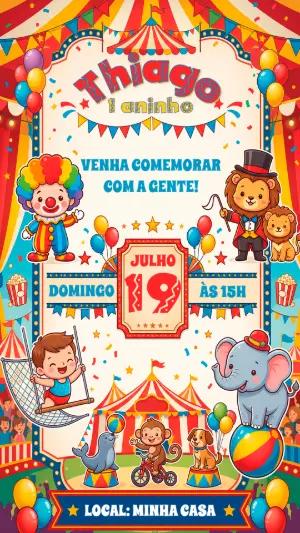 Convite de Aniversário Circo Infantil Colorido para Editar