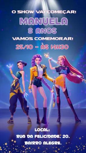 Convite de Aniversário Guerreiras K-Pop para Editar Online