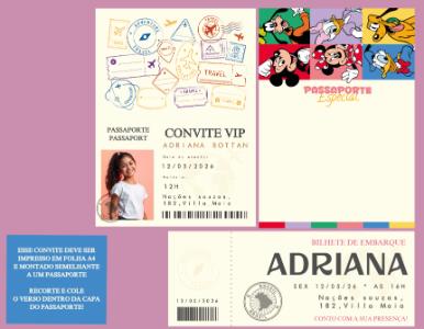 Convite de Aniversário Passaporte Mickey e Turma Editável