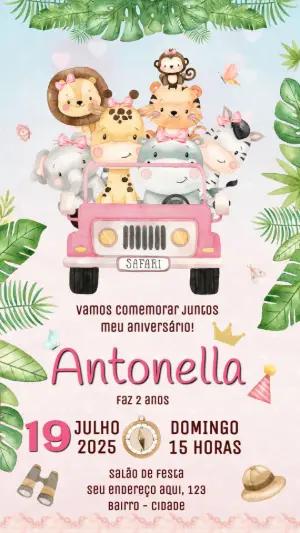 Convite Aniversário Safari Rosa com Animais para Editar Online