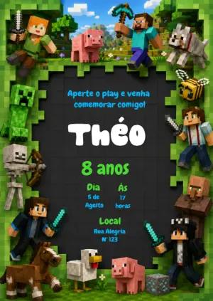 Convite de Aniversário Minecraft: Modelo Digital Editável
