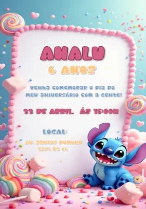 Convite de Aniversário Stitch Doces para Editar Online