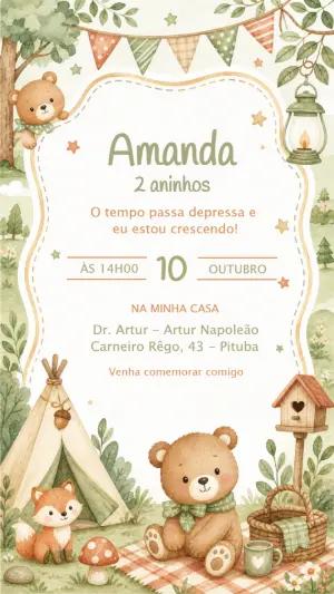 Convite de Aniversário Ursinho Boho Aquarela | Modelo Editável