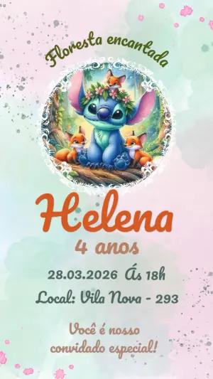 Convite de Aniversário Stitch Floresta Encantada para Editar