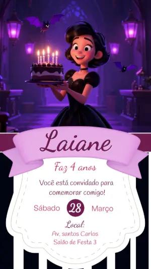 Convite de Aniversário Wandinha Gótico Roxo para Editar