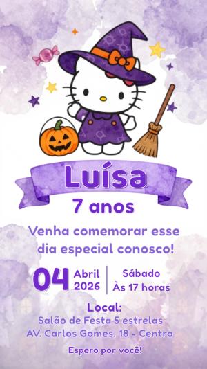 Convite de Aniversário Hello Kitty Bruxinha Roxo Editável