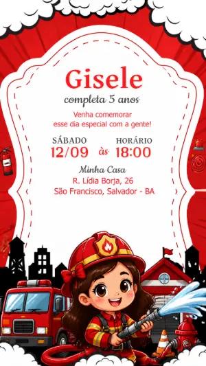 Convite de Aniversário Bombeira Menina para Editar Online