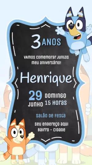 Convite de Aniversário Bluey Estilo Lousa para Editar