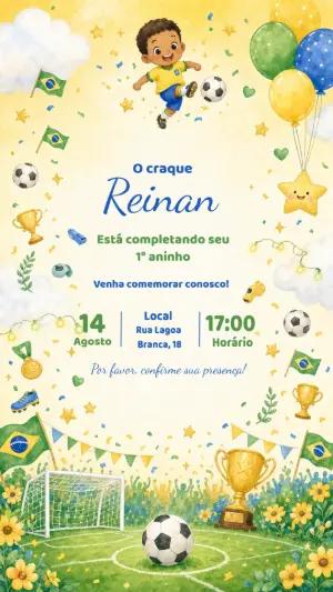 Convite de Aniversário Futebol Brasil Aquarela para Editar