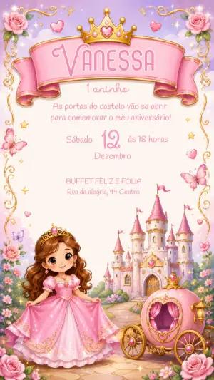 Convite Digital Aniversário Princesa e Castelo Editável