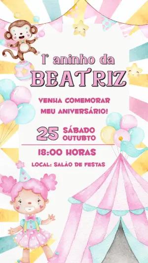 Convite Aniversário Circo Rosa Aquarela Menina Editável