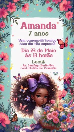Convite de Aniversário Boneca Negra e Flores para Editar Online