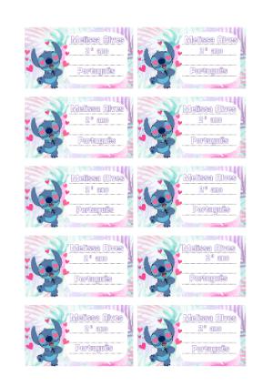 Etiqueta Escolar Stitch Fofo com Corações para Editar
