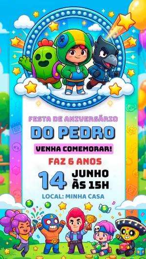 Convite de Aniversário Brawl Stars Colorido para Editar