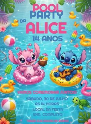 Convite de Aniversário Pool Party Stitch e Angel Editável