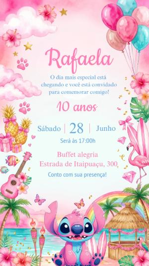Convite de Aniversário Angel Stitch Rosa Tropical para Editar