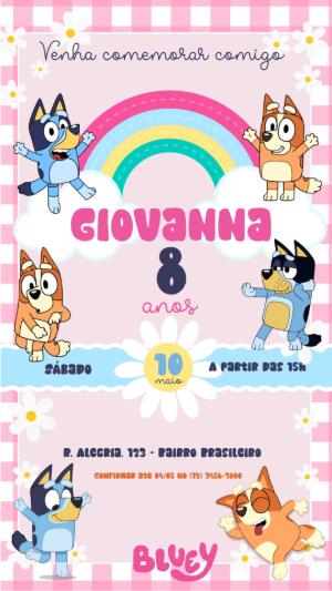 Convite Animado Aniversário Bluey e Bingo para Editar Online