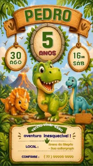 Convite de Aniversário Dinossauro Infantil para Editar